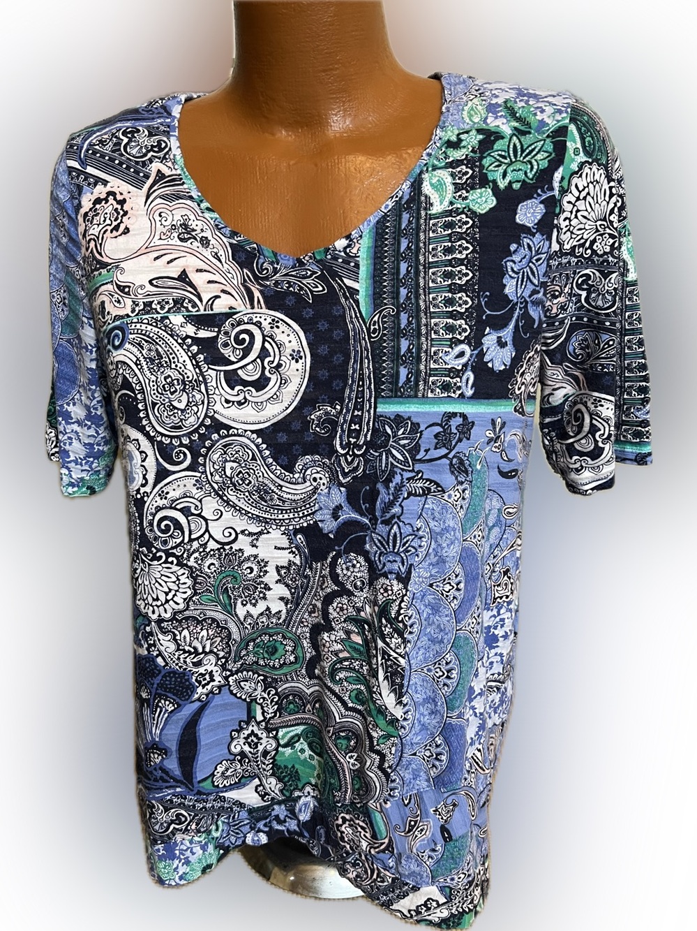 Chico’s paisley blue print cotton rayon short sleeved tunic 2 / L B: 44”